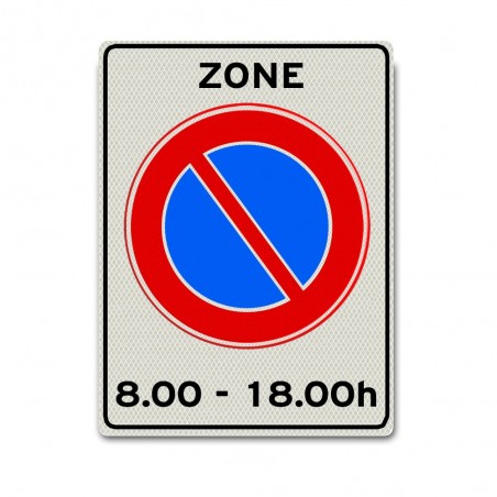Zonebord E01zb-t  Parkeerverbod tussen bepaalde tijden
